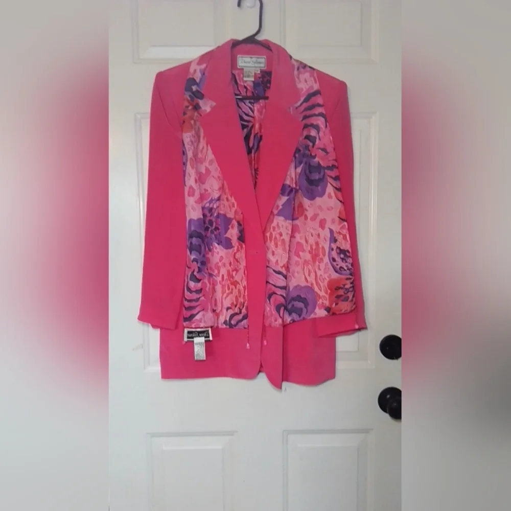 Elegant Pink Blazer with Patterned Scarf